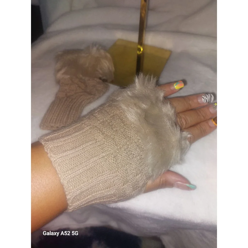 Beige Faux Fur Trim Fingerless Gloves One Size